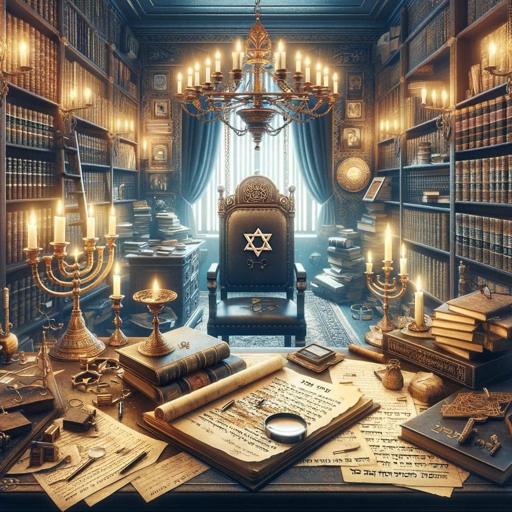 uma sala com uma cadeira, livros e velas Lei de herança em Israel lei de sucessão de 1965 escritório de advocacia israelense tel aviv los angeles