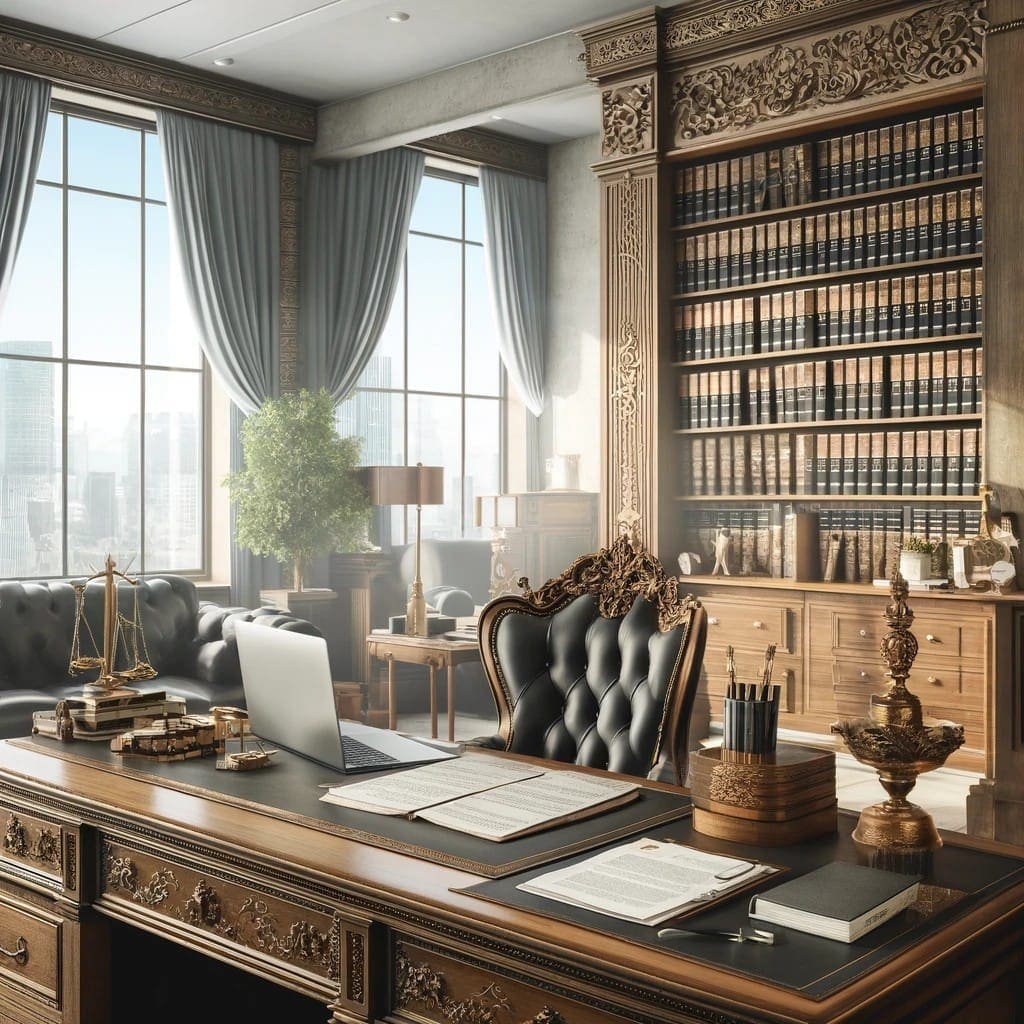 a desk in a room with a bookcase and a laptop inheritance law Israeli lawyer Israel lawyer