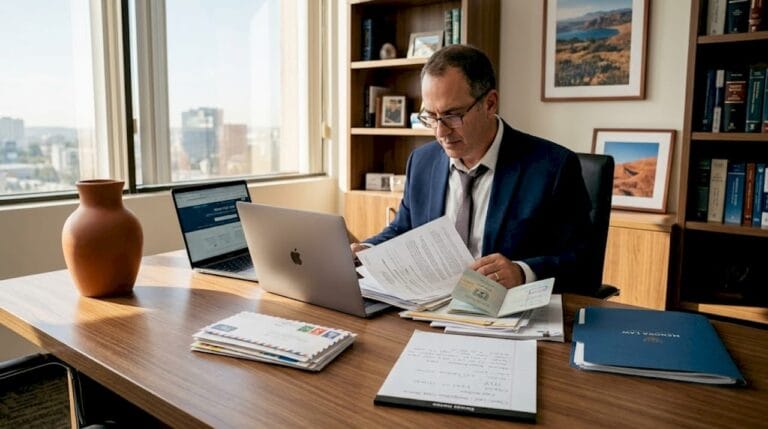 Attorney reviewing cross-border legal documents in office