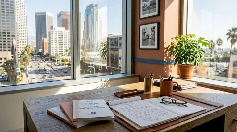 Attorney reviewing Basic Laws in corner office