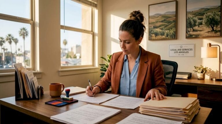 Legal aid officer reviewing documents in office