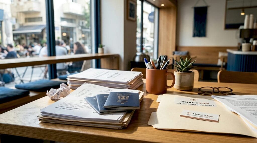 Expat organizes papers at home desk in Israel