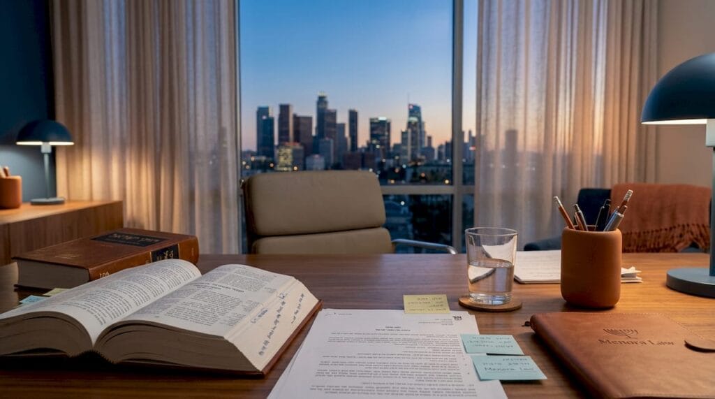 Legal expert reviewing Israeli law papers