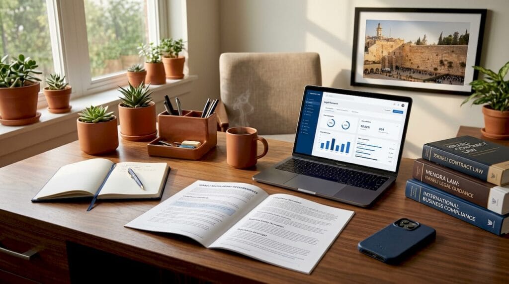 Client reviewing Israeli legal compliance documents