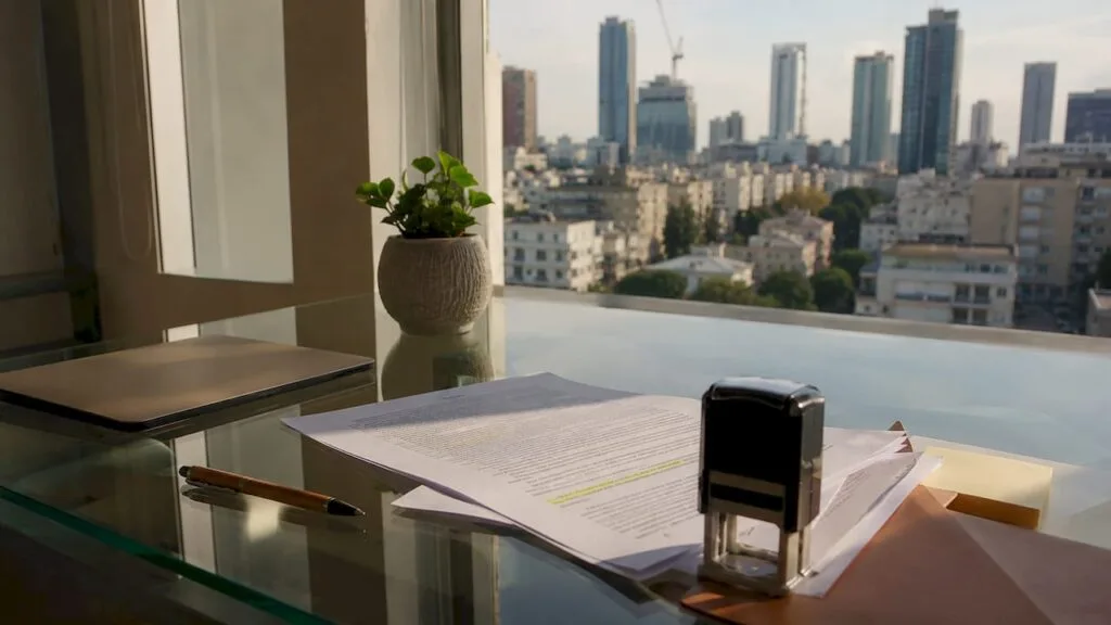 Legal professional reviewing documents in office