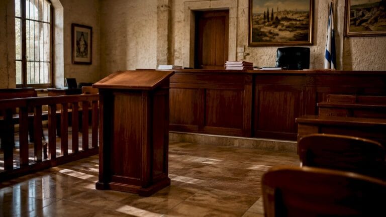 Israeli small claims court interior with judge at bench