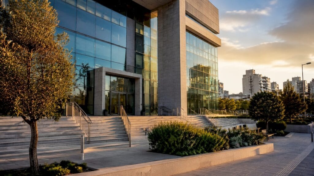 Front entrance of Israeli courthouse with visitors