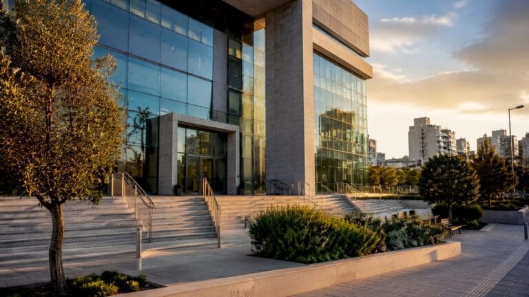 Front entrance of Israeli courthouse with visitors