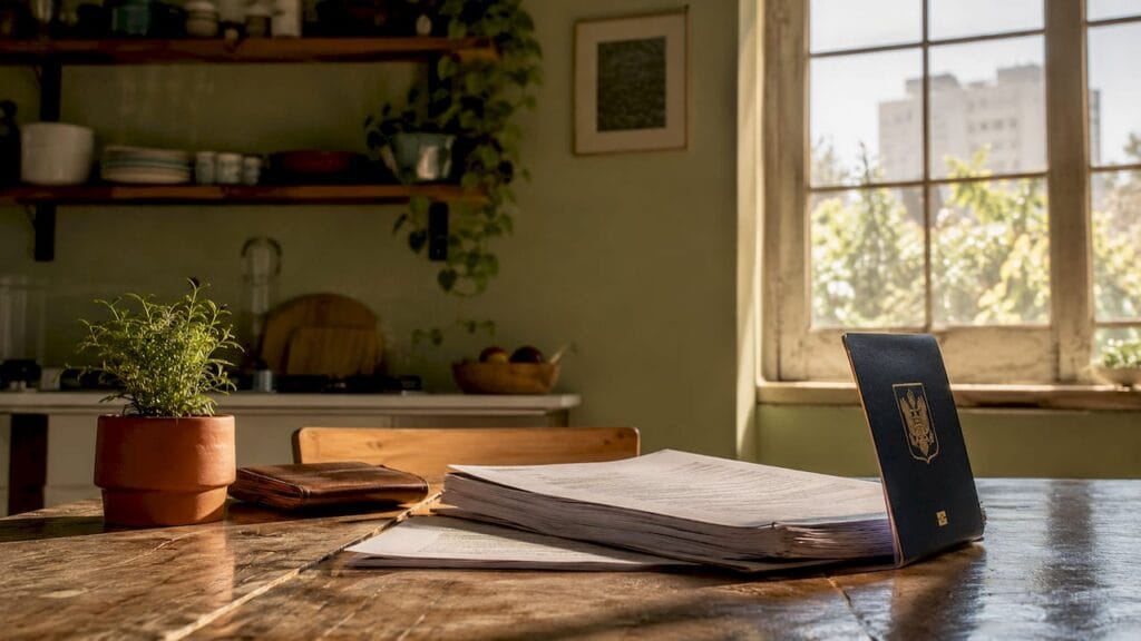 Israeli man studying legal documents at desk