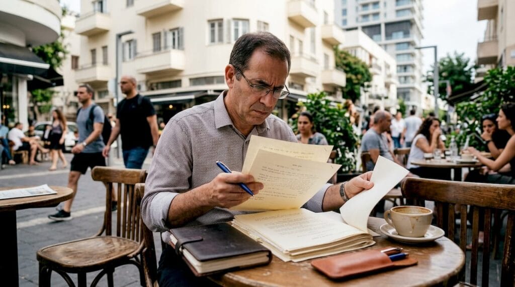 Legal translator reviewing documents at home office