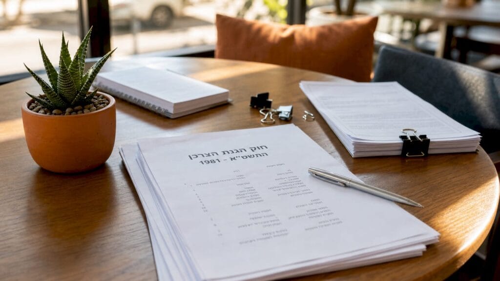 Documents on Israeli consumer protection law on desk