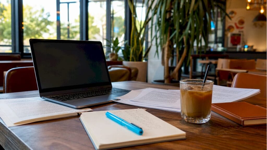 Desk with legal documents and laptop in Israeli startup office