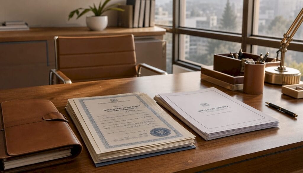 Israeli probate documents on wooden desk