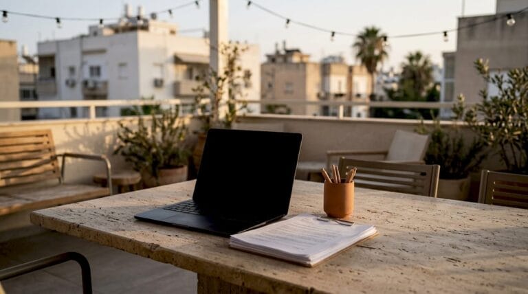 Desk with laptop and legal documents in Israeli office