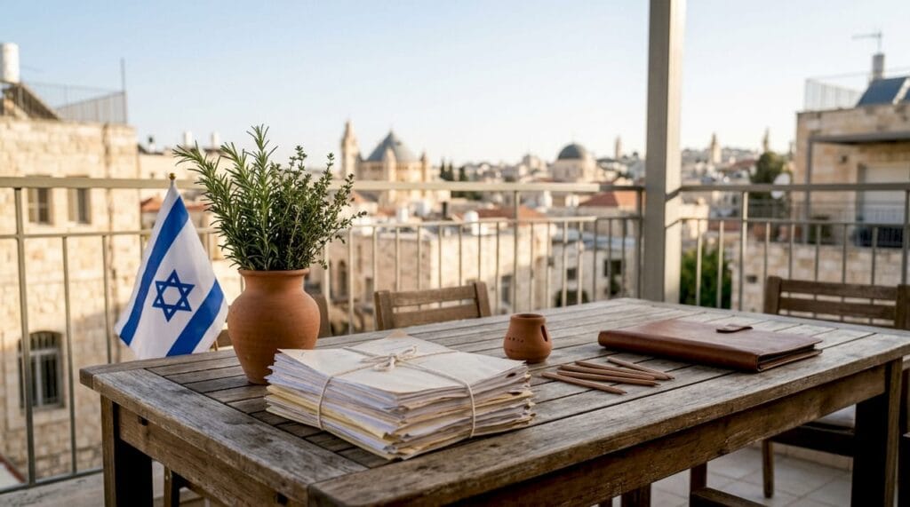 Desk with mediation documents and Israeli office decor