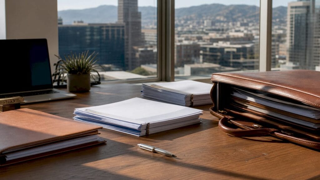 Desk with Israeli legal documents and pen in office