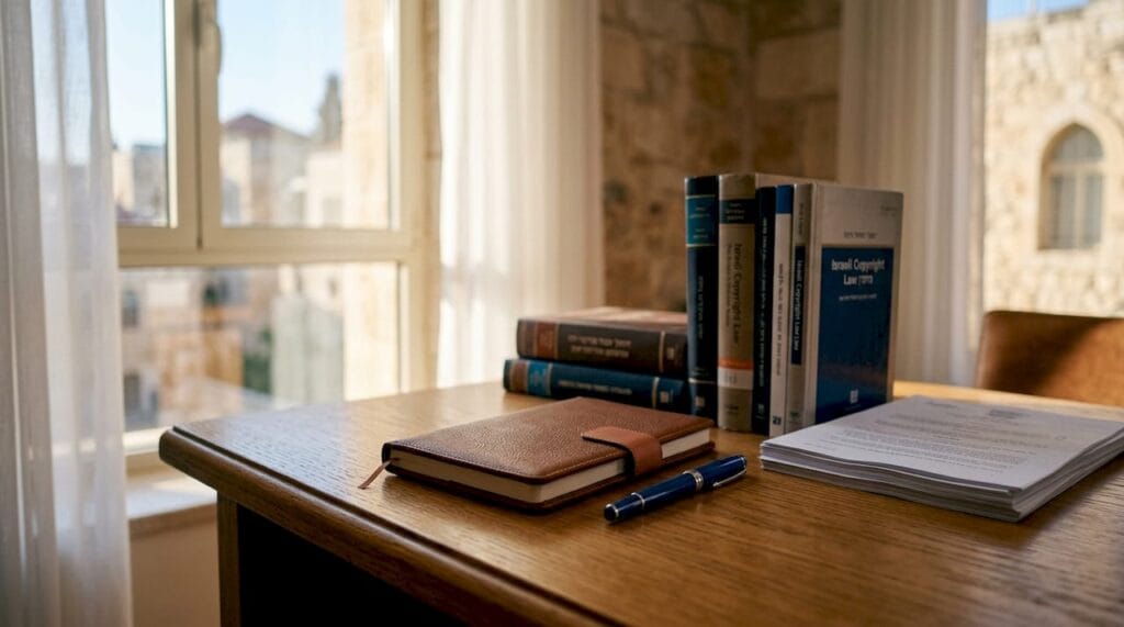 Law office desk with Israeli copyright legal documents