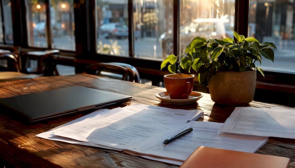 Israeli office desk with compliance documents and city view