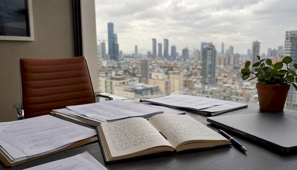 Office desk with legal documents and Tel Aviv view