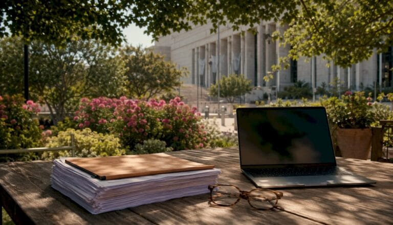 Israeli courthouse with legal papers and laptop