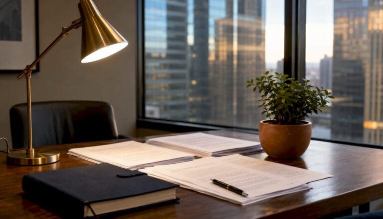 Desk with Israeli legal documents and lamp