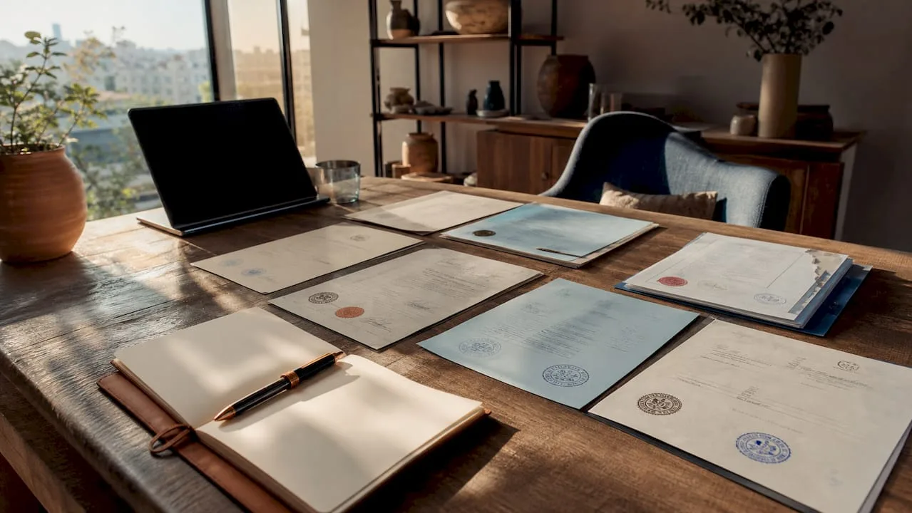Proving Heir Status in an Israeli Estate: 2026 Guide 3 Hands organizing notarized documents on desk