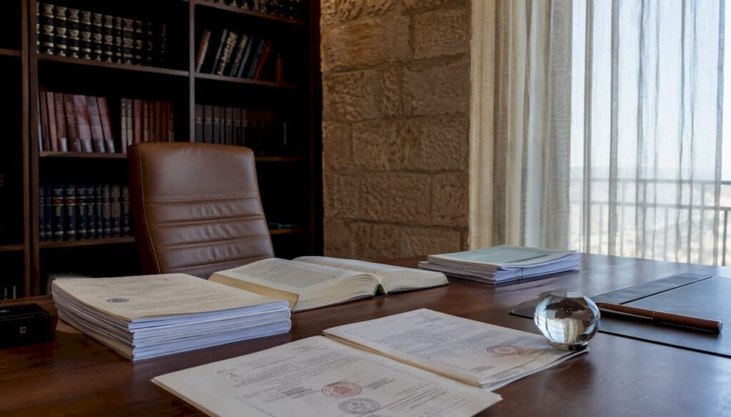 Desk with Israeli legal translation documents and office items
