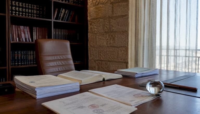 Desk with Israeli legal translation documents and office items