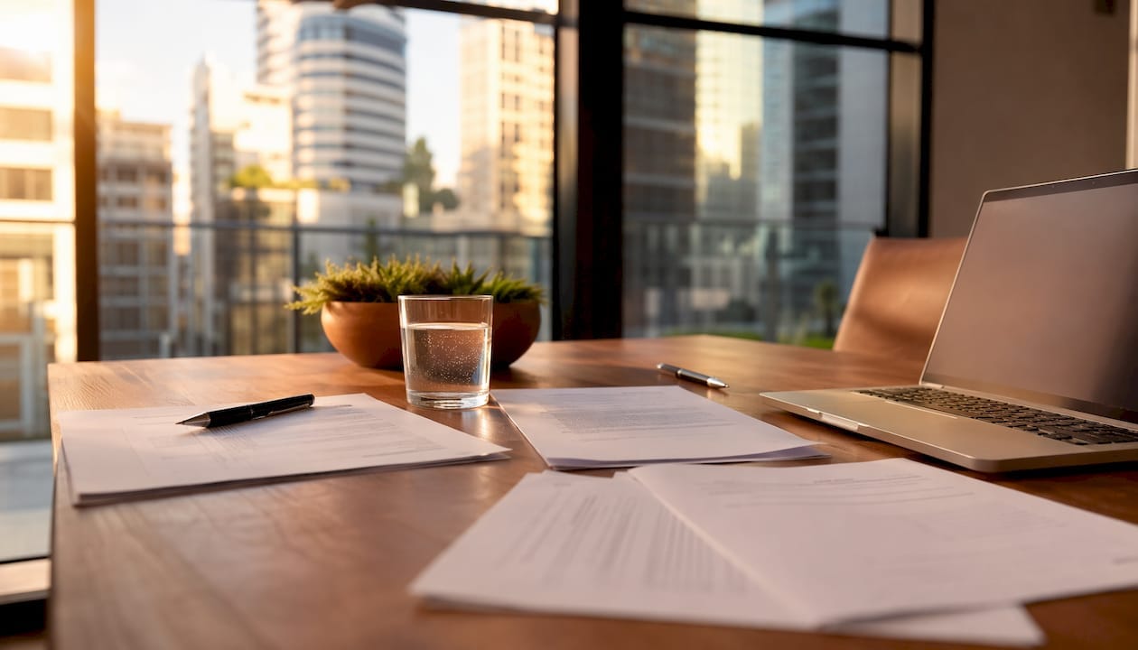 Startup negotiation documents and laptop on table