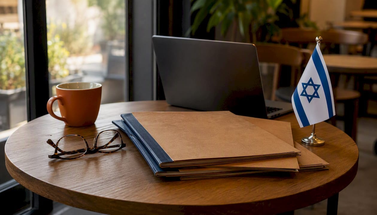 Close-up of legal folders and laptop on Israeli desk