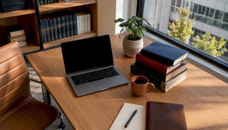 Desk with legal dictionaries and laptop