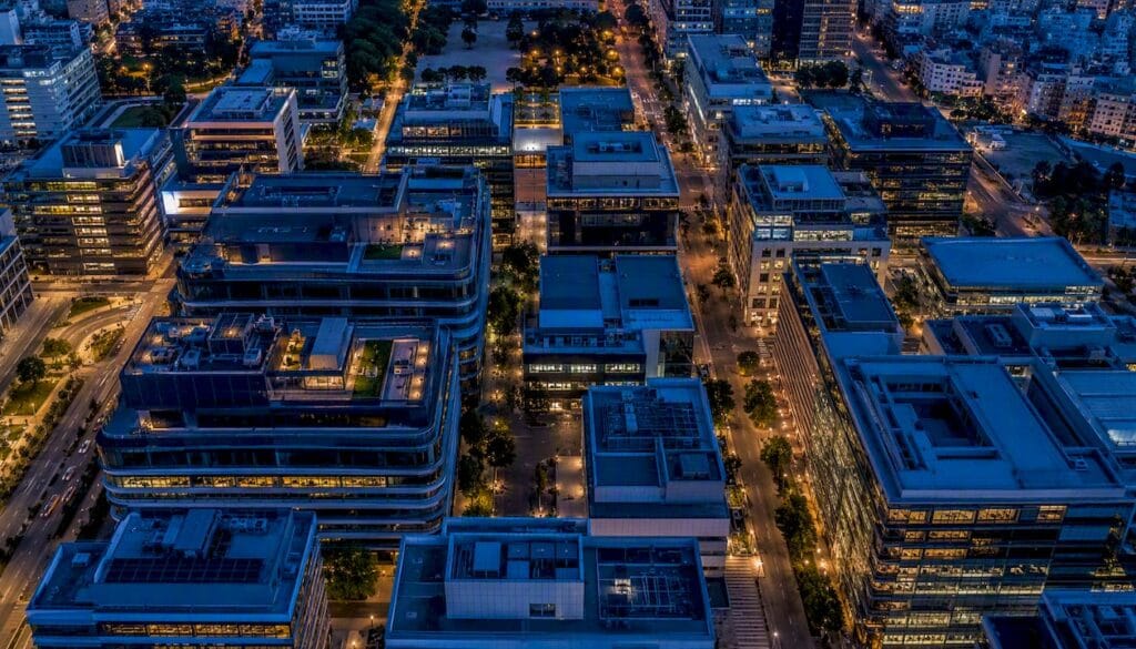 Aerial view of Tel Aviv startup district buildings