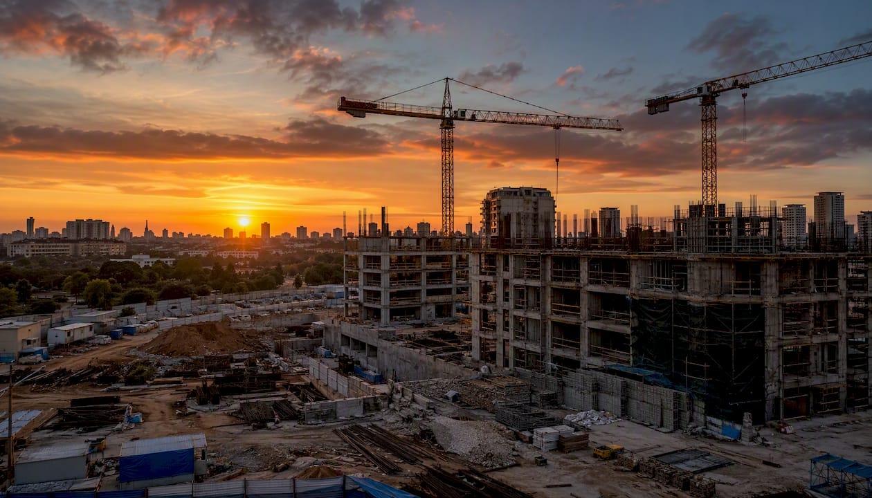 Sde Dov, Tel Aviv: What Buyers Need to Know 2 Construction cranes over buildings at sunset