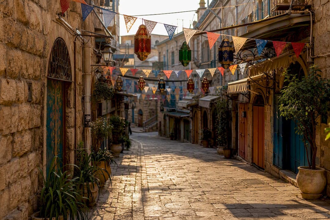Empty Jerusalem market street with holiday decorations