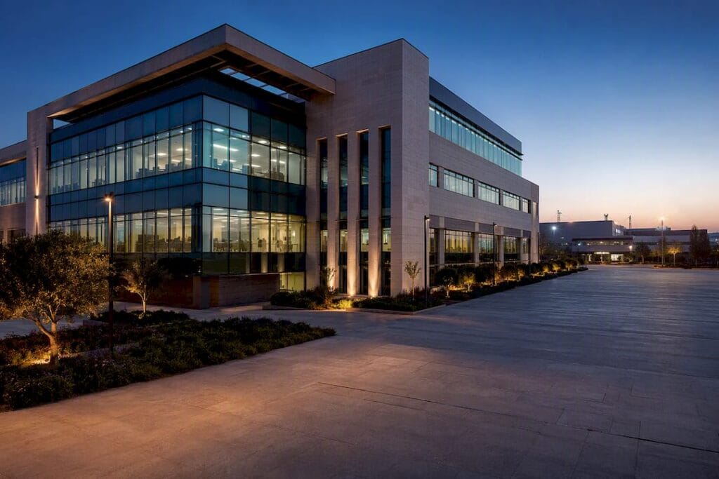 Israeli corporate headquarters in evening light