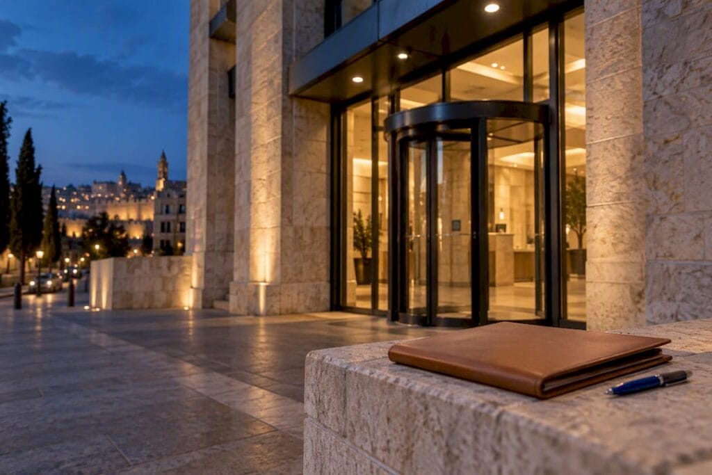 Israeli bank entrance at blue hour