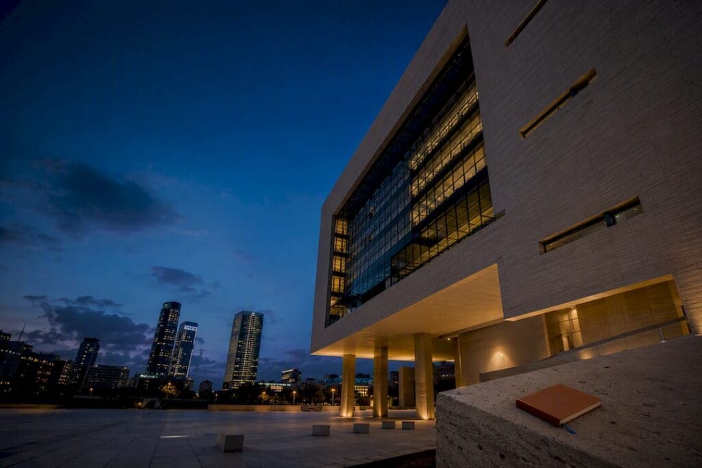 Tel Aviv Stock Exchange complex at dusk