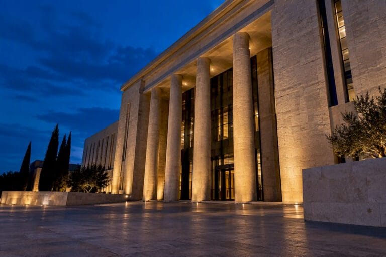 Israeli courthouse exterior at blue hour