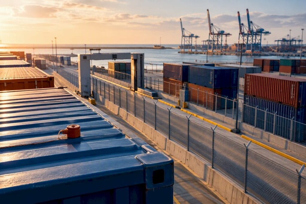 Israeli port customs lane and cargo containers