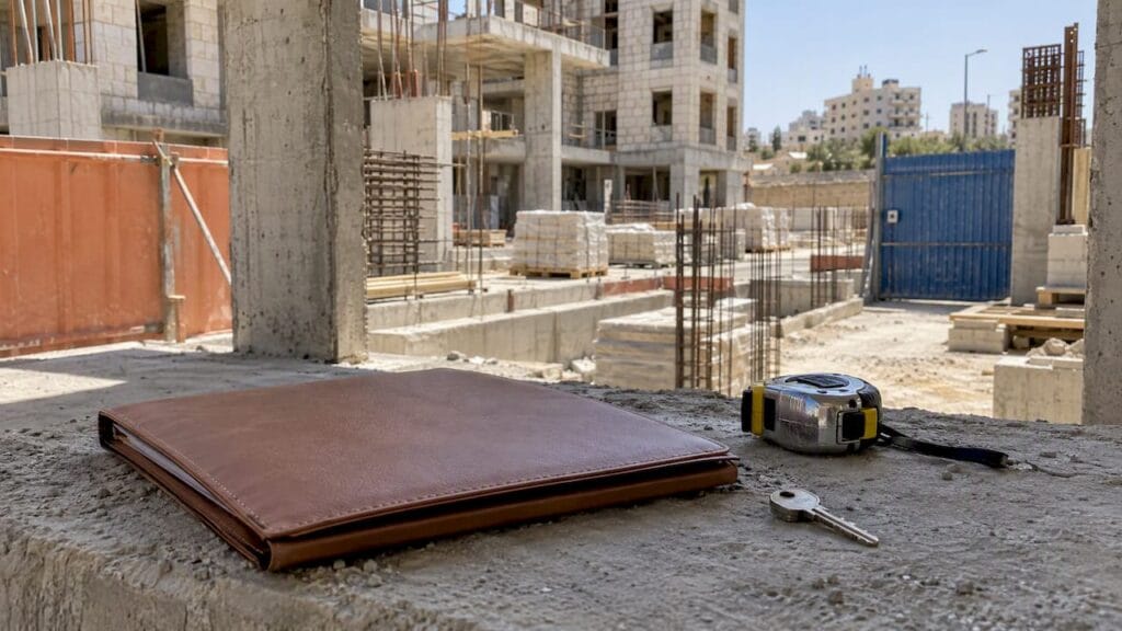 Israeli construction site beside contract folder