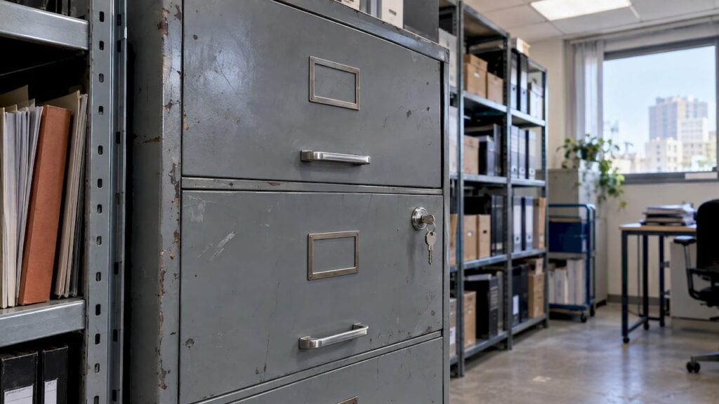 Locked cabinet storing confidential business files
