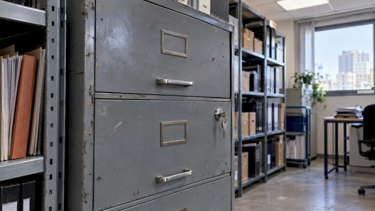 Locked cabinet storing confidential business files