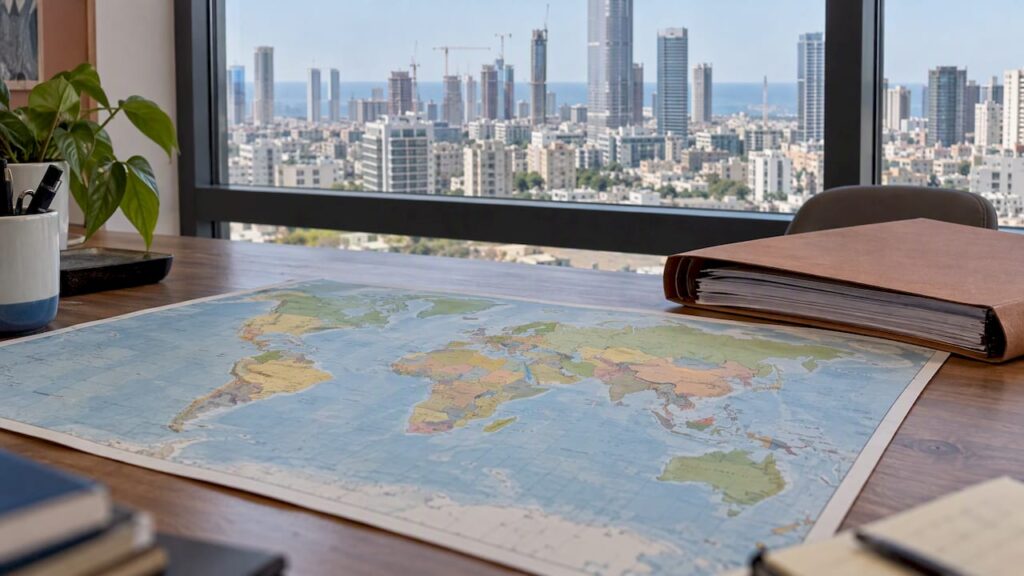 World map and filing folder overlooking Tel Aviv
