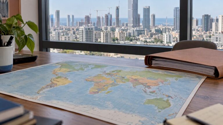 World map and filing folder overlooking Tel Aviv